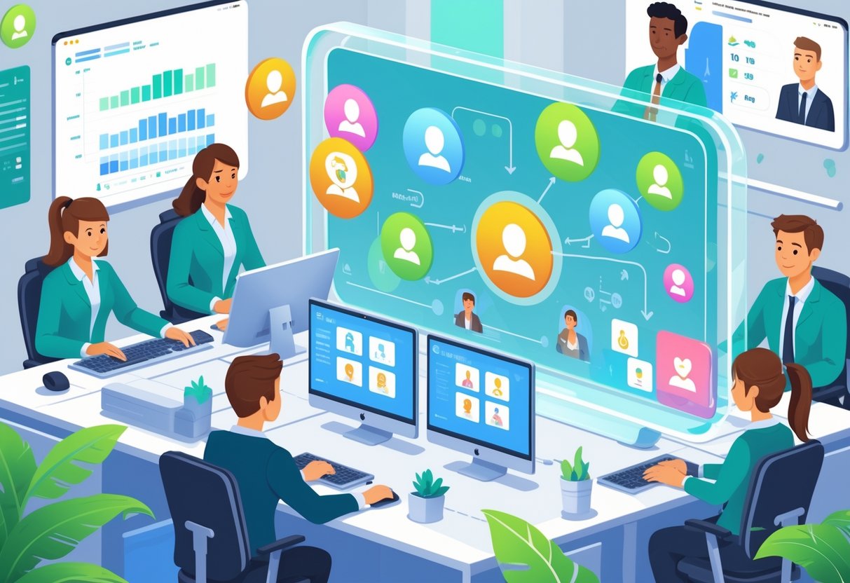 A group of customer support agents working with animated visual guides on screens to help reduce support queries.