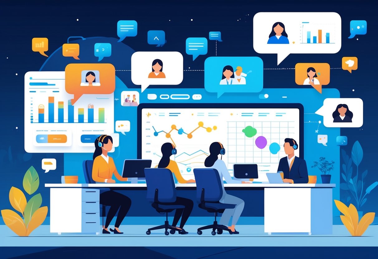 A customer support centre with agents at desks using headsets surrounded by animated icons and speech bubbles, some clear and some glitching, with a digital interface showing fluctuating graphs in the background.