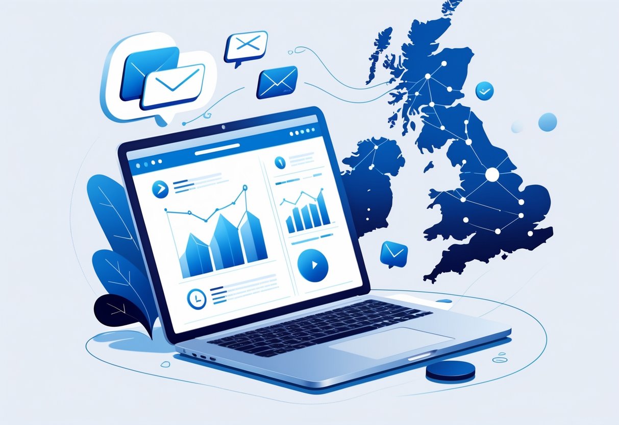A digital workspace showing a laptop with an animated email interface surrounded by icons of communication and a faint map of the UK in the background.
