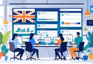 A group of professionals working together at a desk with computer screens showing animation projects and LinkedIn visuals, set in a modern office environment.