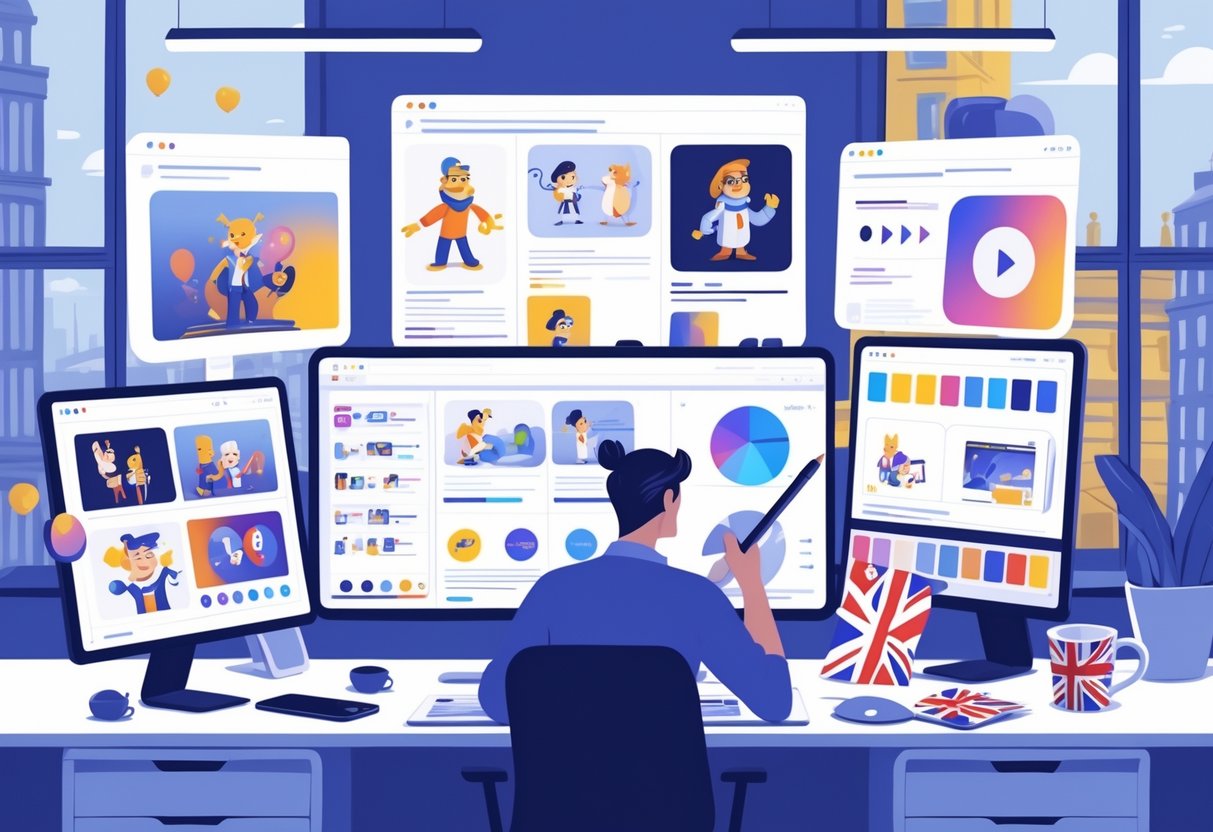 A creative workspace showing screens with different animation styles and a person working on digital animations with a London city view outside the window.