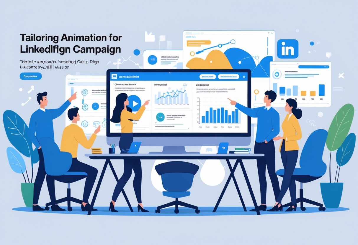 A group of professionals collaborating around a desk with a computer showing animated marketing content and charts.