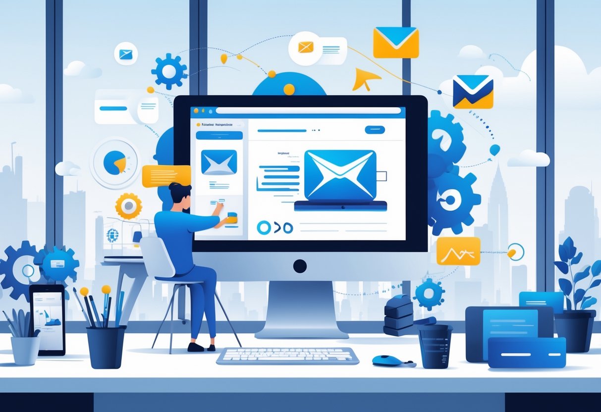 A professional workspace showing a person working on animated email marketing with digital tools and technical elements, set against a backdrop suggesting the UK.