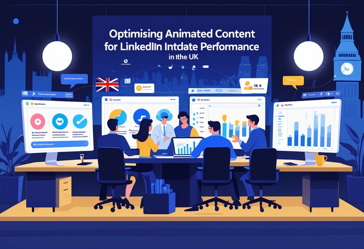 A team of professionals working together at a desk with computer screens showing animated content and LinkedIn interface elements, set in an office with UK-themed decorations.