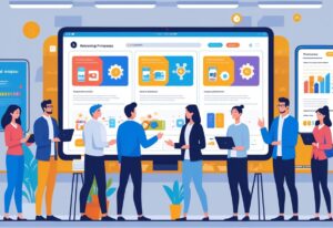 People in a UK office watching animated product tutorials on digital screens, with UK-themed decorations in the background.