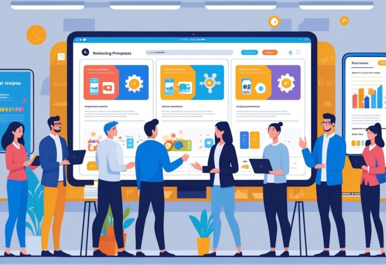 People in a UK office watching animated product tutorials on digital screens, with UK-themed decorations in the background.