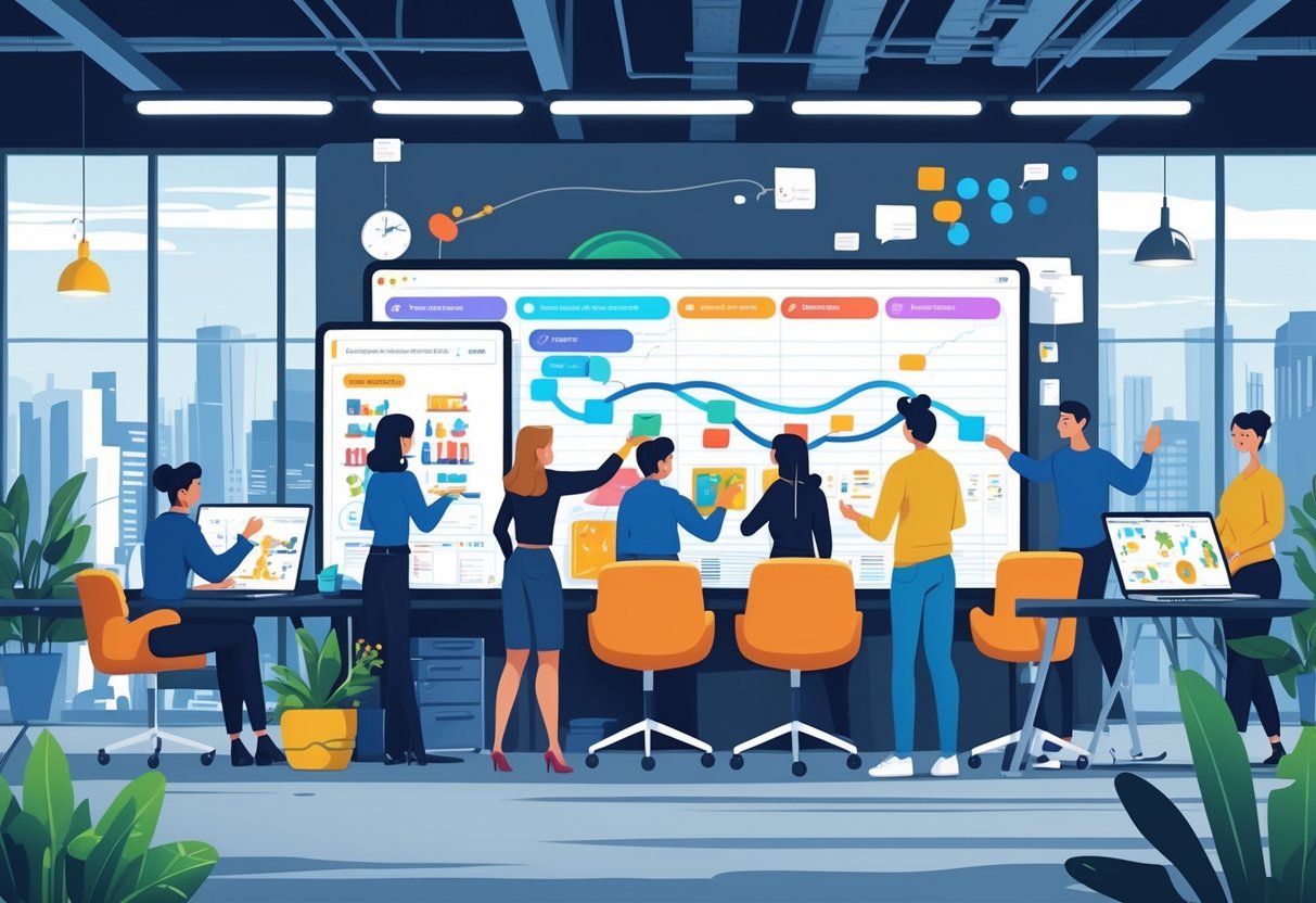 A diverse team of people working together around a digital screen showing animation storyboards in a modern office with a city view.