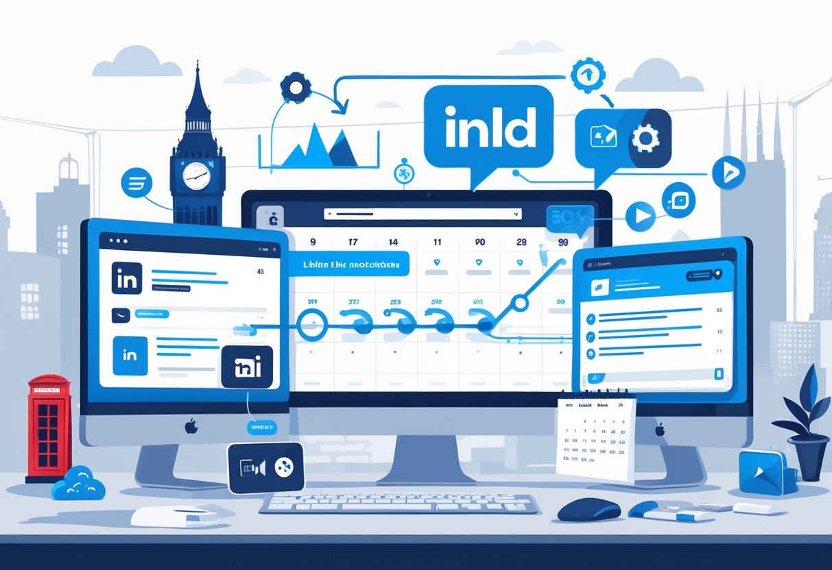 A digital workspace showing multiple screens with animated LinkedIn posts, a calendar with scheduled content, automation icons, and arrows illustrating content repurposing, set against a background with UK-themed elements.