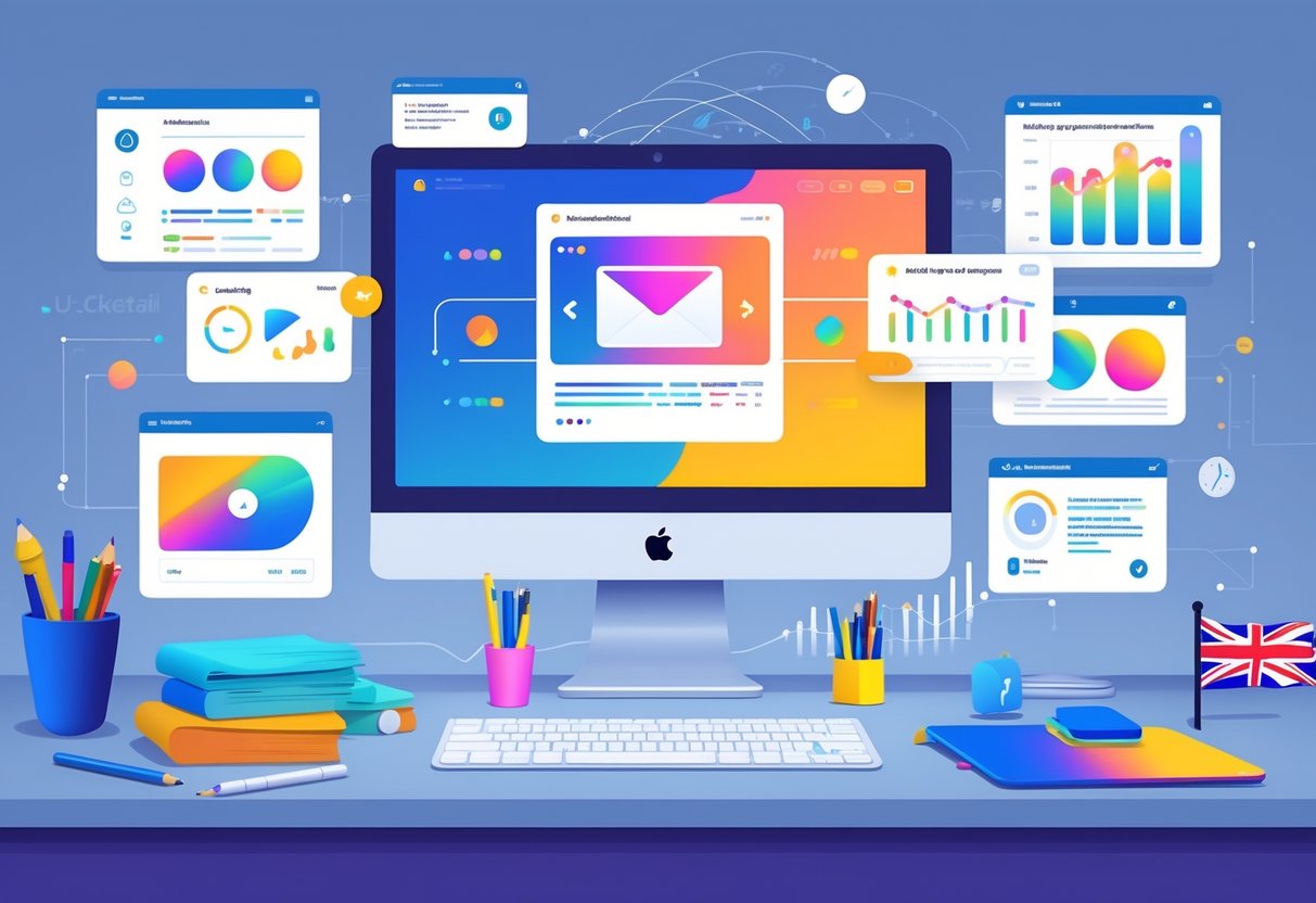 A digital workspace showing a computer and tablet with animated email marketing designs and UK-themed elements on a desk.