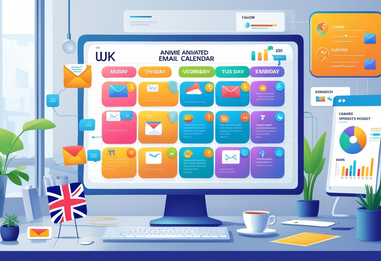 A digital workspace showing a computer screen with a colourful animated email calendar and marketing icons, with UK-themed items like a British flag and a cup of tea on the desk.