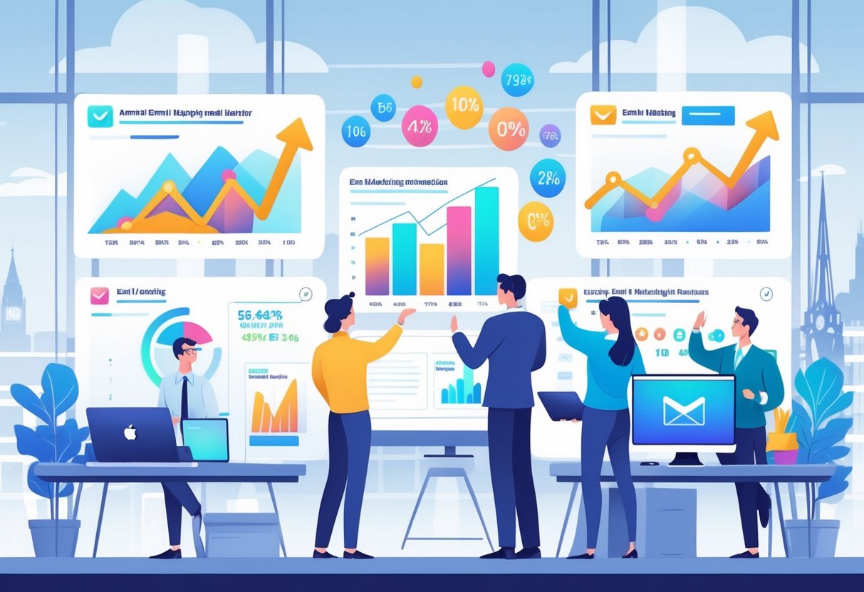 Professionals in an office analysing animated data charts on screens, with UK landmarks visible through windows.