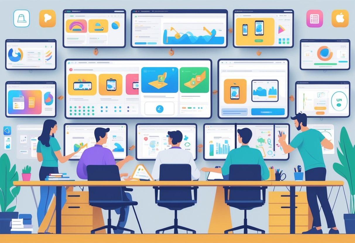 A team of designers working together at a desk with multiple screens showing animated product tutorials on different devices.