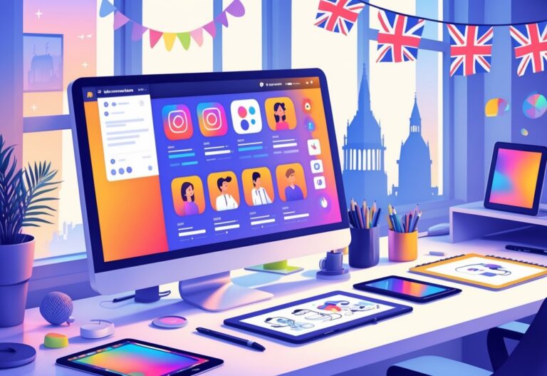 A creative workspace with a computer showing animated social media content and UK-themed elements like a small Union Jack flag and London landmarks.