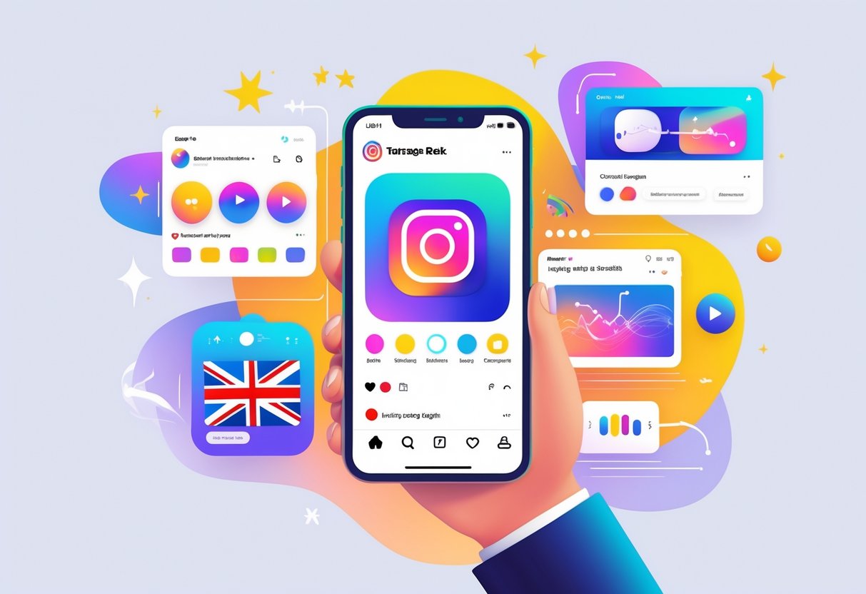 A hand holding a smartphone displaying animated Instagram Reels with colourful motion graphics and animation features, set against a background hinting at the UK with a London skyline outline.