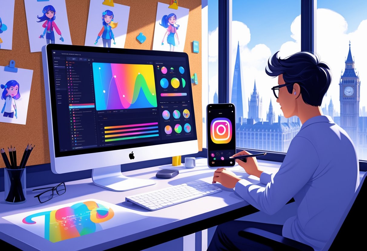 A person working at a desk with a computer and sketches, creating animated content for Instagram reels, with a view of a UK city outside the window.
