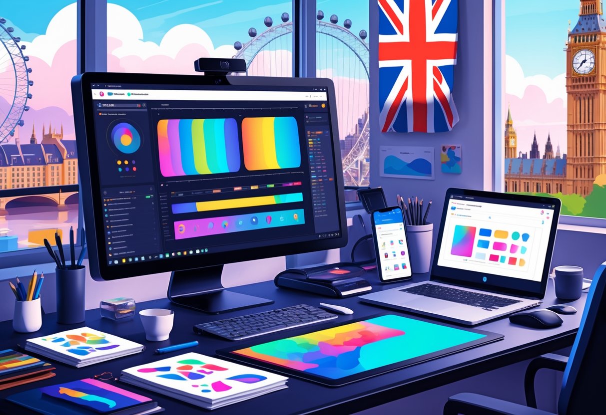 A creative workspace with digital devices displaying animation software and Instagram reels, with a view of London landmarks outside the window.