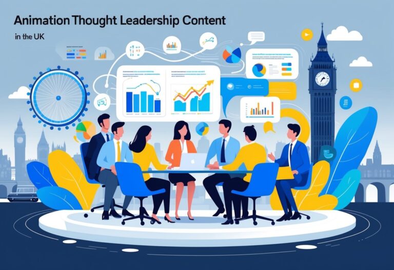 A group of business professionals collaborating with animated charts and digital icons around them, with UK landmarks in the background.