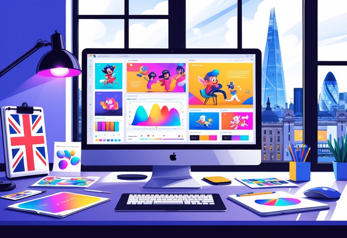 A creative workspace with a computer showing animated designs, design tools on the desk, and a window with London landmarks in the background.