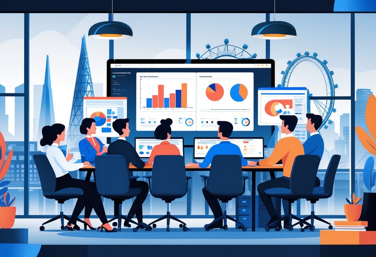 A team of creative professionals working together in an office with digital screens showing animation and video editing, with a view of the London skyline in the background.