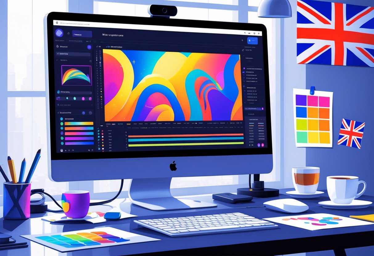 A workspace with a computer showing animation software, design tools, and UK-themed items like a small Union Jack flag and a cup of tea.