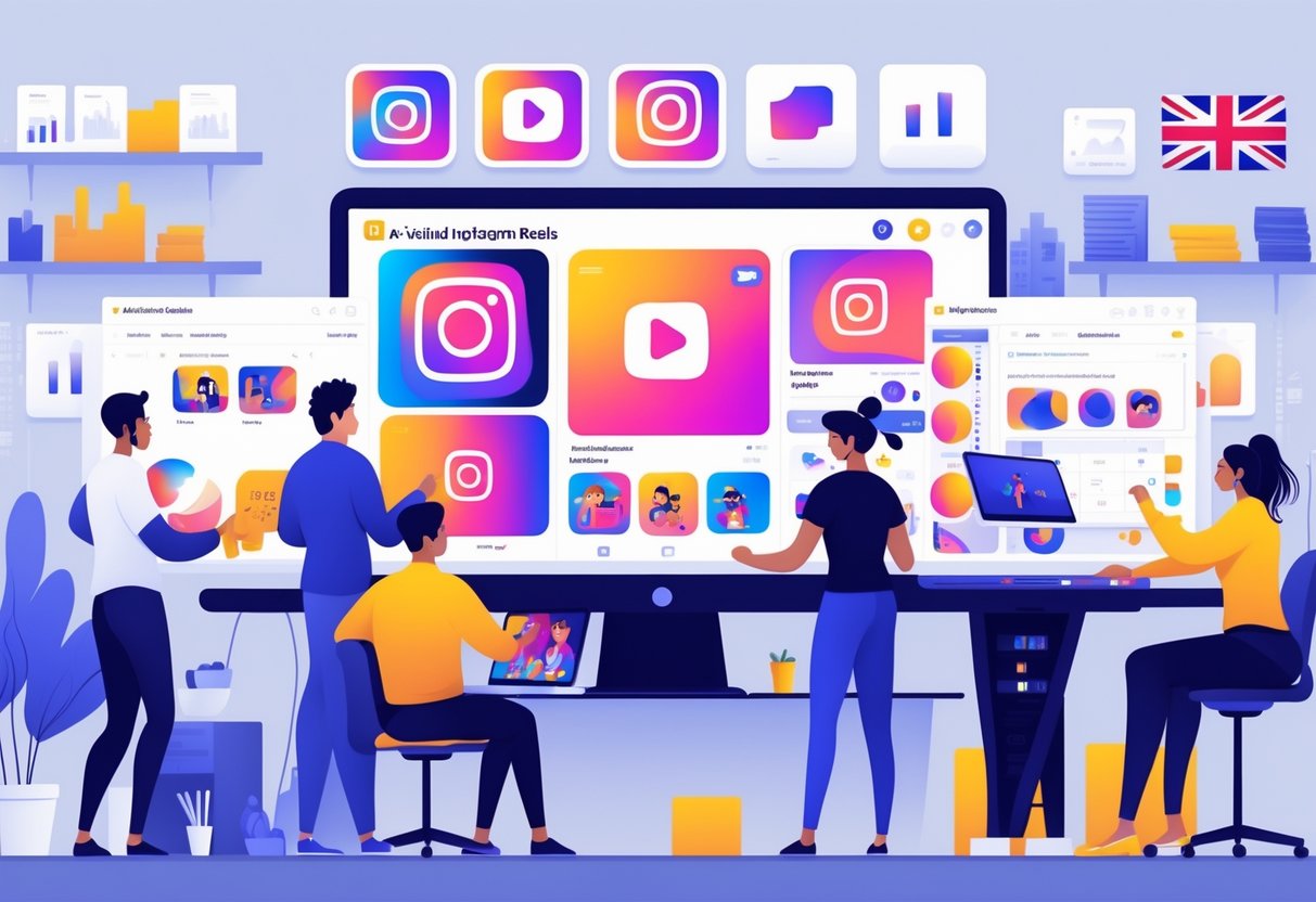 A group of digital artists working together in a studio, editing animated content on a large screen with various media assets around them.