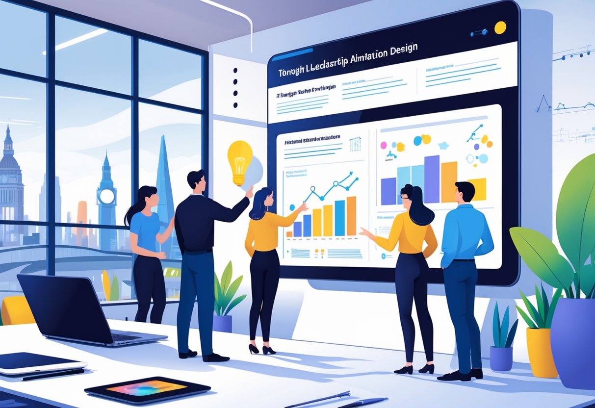 A team of professionals collaborating around a digital display showing animated graphs and charts in a modern office with a city skyline visible through the windows.