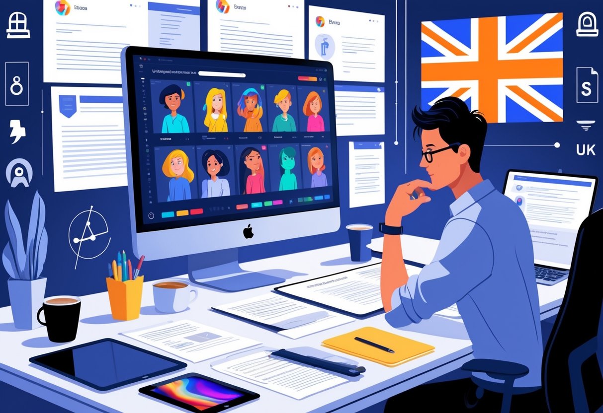 A person reviewing legal documents at a desk with a computer showing animation work, surrounded by copyright symbols and a UK flag in the background.