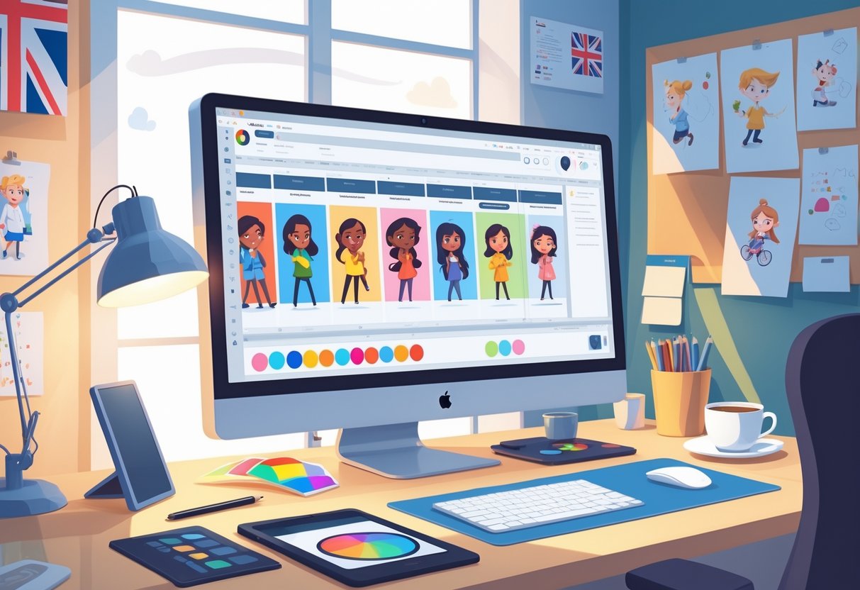 A creative workspace with a computer showing animation work, surrounded by animation tools and British-themed items.