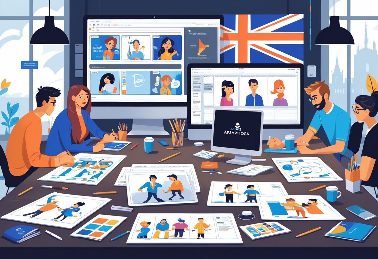 A group of animators working together on storyboards and computer screens in a creative studio with a view of a UK landmark outside.