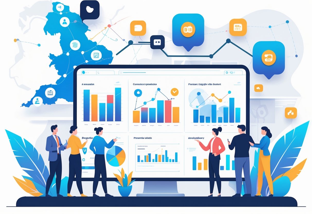 A group of professionals collaborating around a digital screen showing animated charts and visuals, with icons of social media and a map of the UK in the background representing content distribution and promotion.