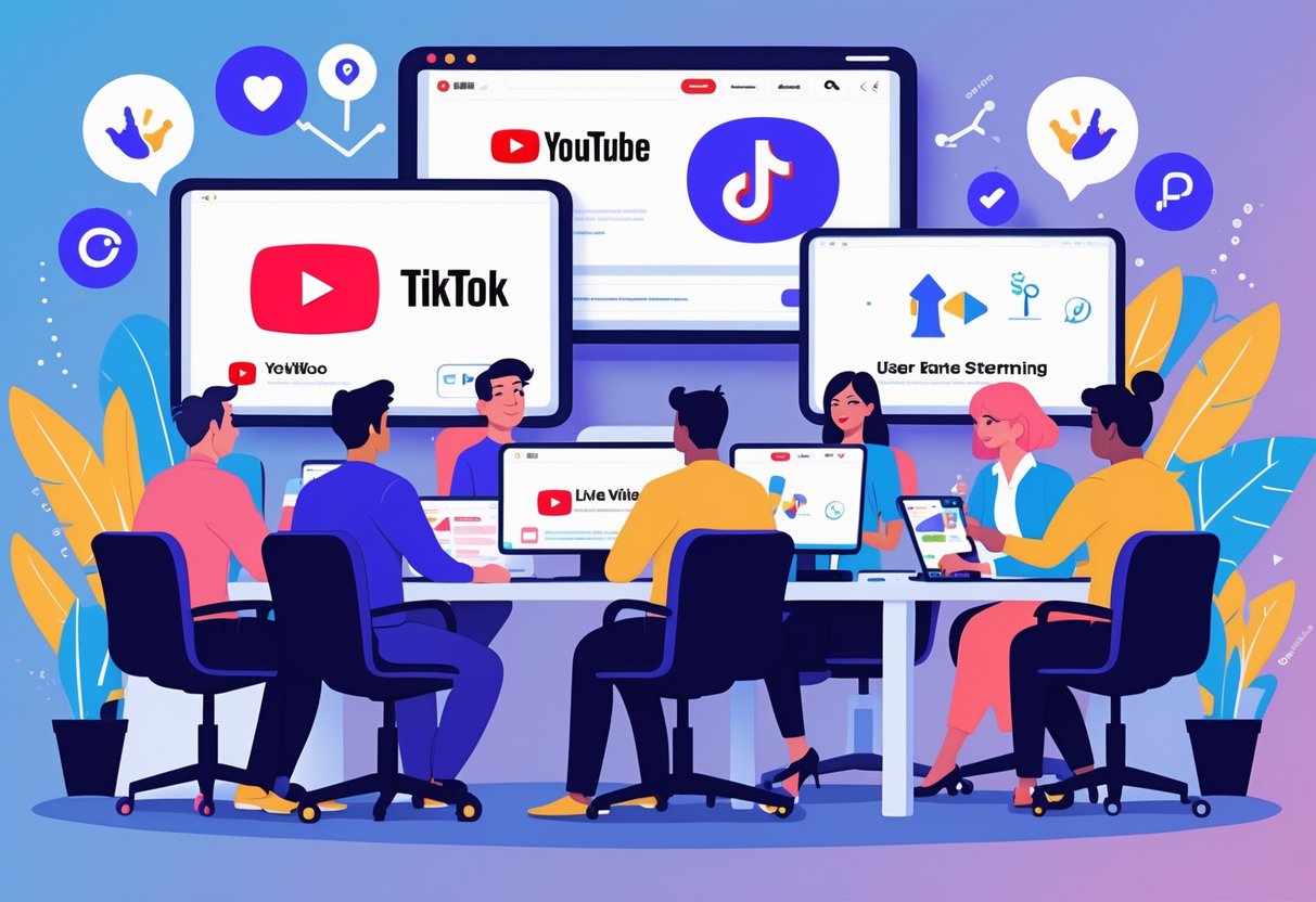 A team of people working together at a desk with screens showing animated videos for YouTube, TikTok, and live streaming, with symbols representing trust and a UK city skyline in the background.