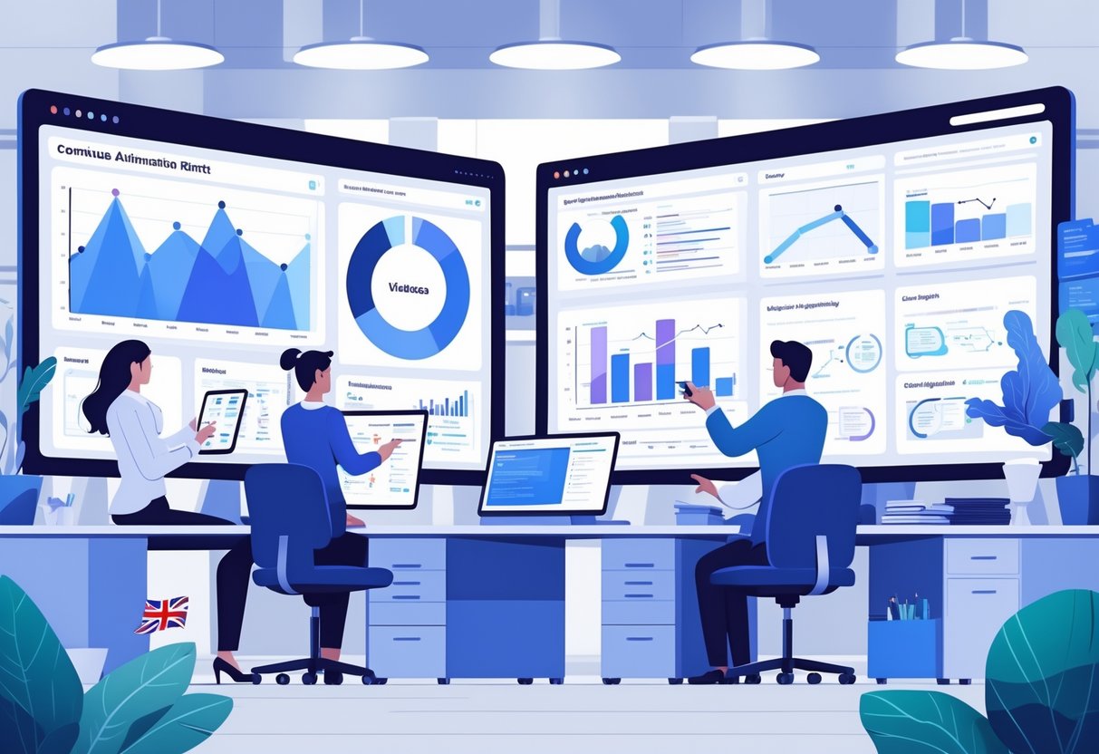 People working together in an office analysing animation performance data on screens and discussing improvement strategies.