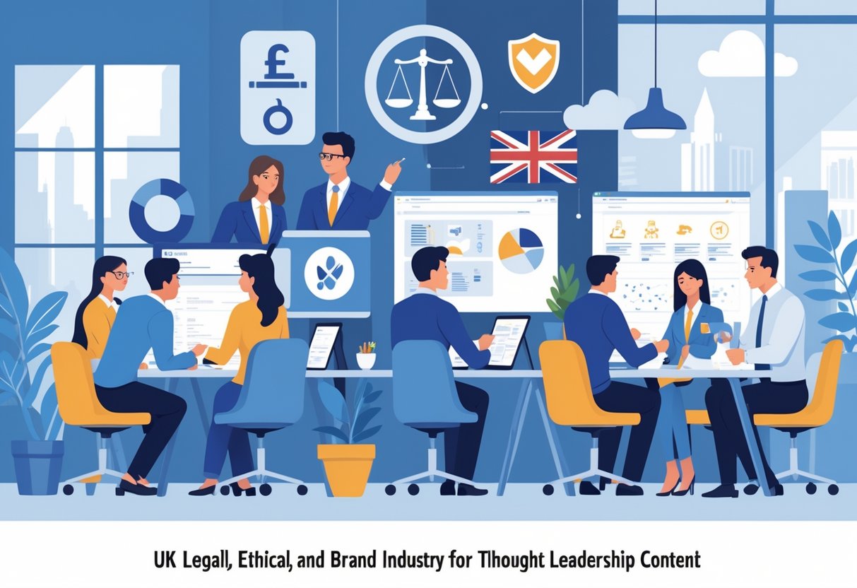 A group of professionals in an office discussing legal, ethical, and brand topics related to animation and thought leadership in the UK.