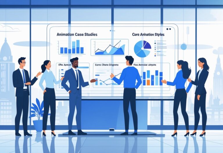 A group of business professionals collaborating around a large digital screen showing animated charts and diagrams in a modern office with a cityscape visible outside.