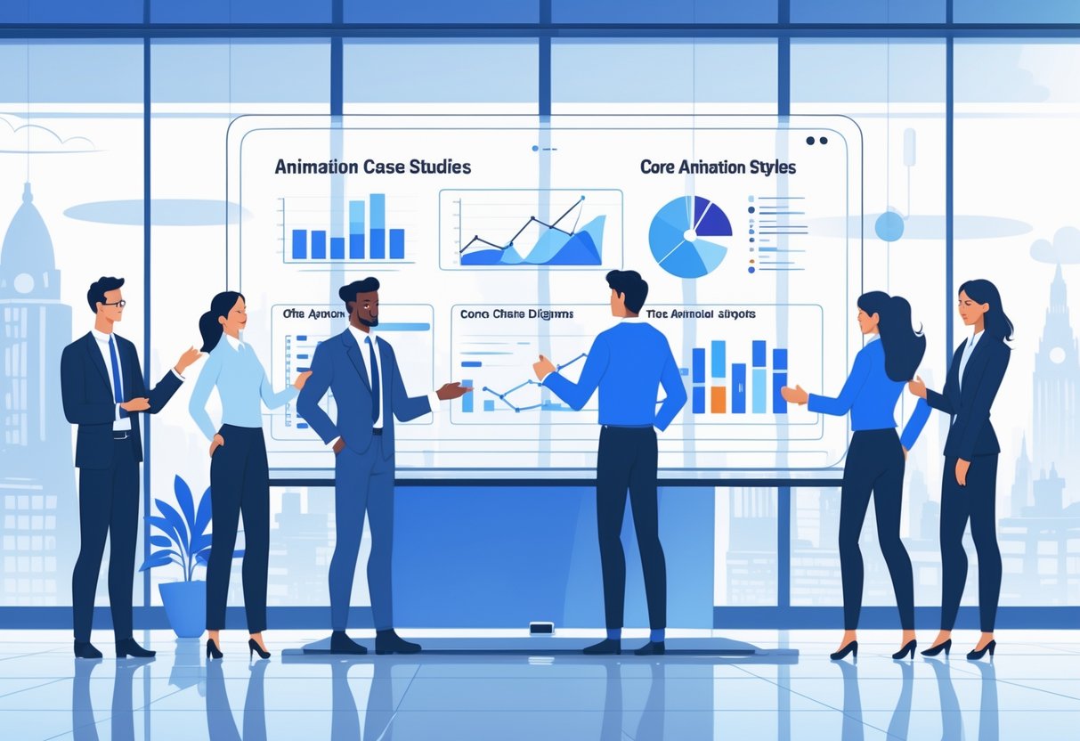 A group of business professionals collaborating around a large digital screen showing animated charts and diagrams in a modern office with a cityscape visible outside.