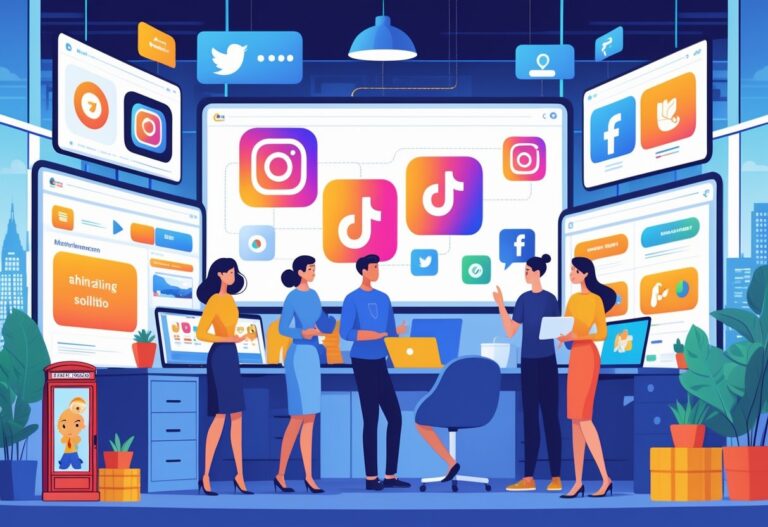 A group of digital marketers working together in an office with screens showing various animated social media content and a view of London in the background.