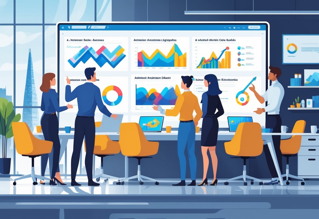 A group of professionals in an office discussing animated business case studies displayed on a large screen, with London landmarks visible outside the window.