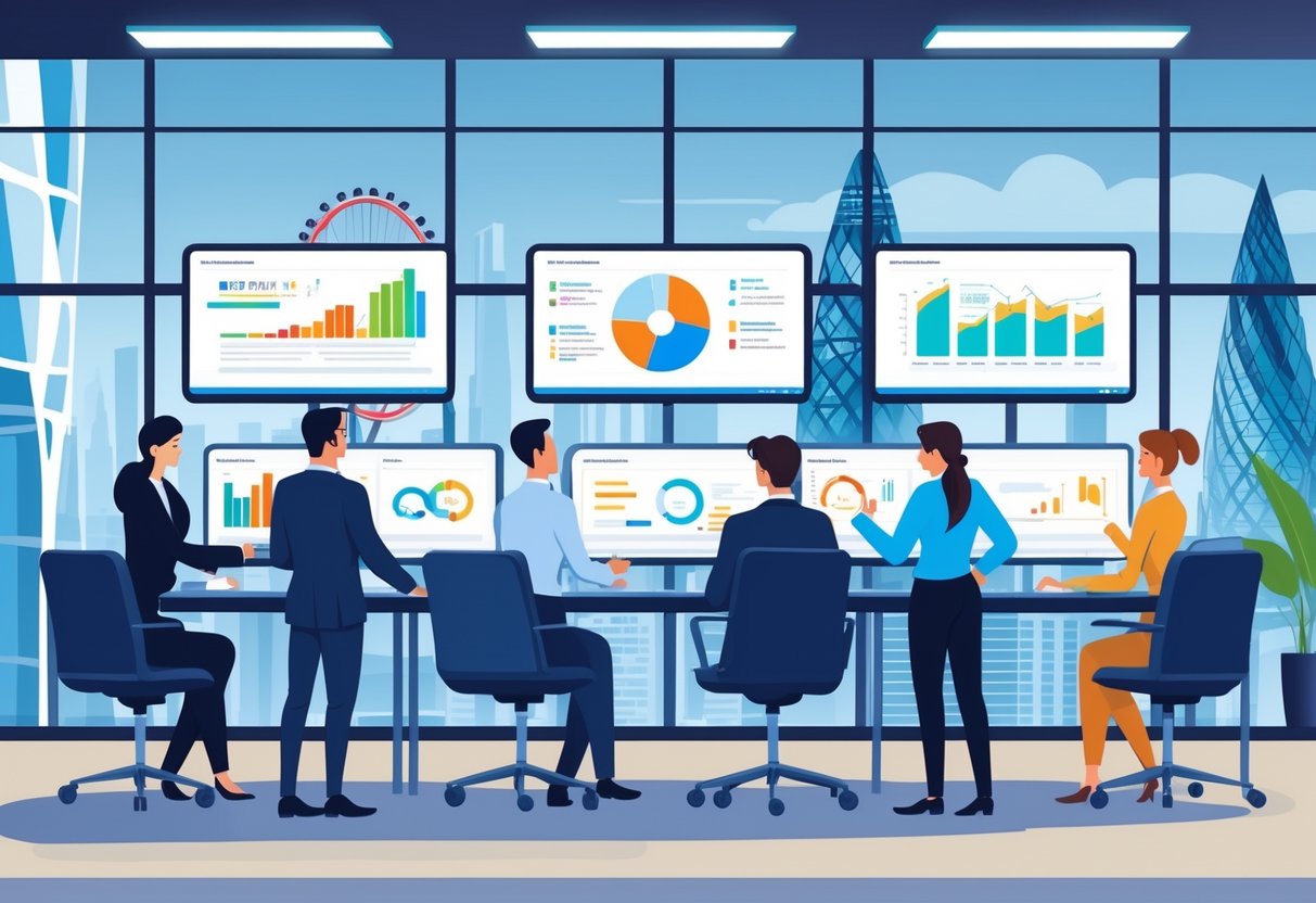 Business professionals in a modern office collaborating around digital screens showing animated charts and videos, with a UK cityscape visible through the windows.