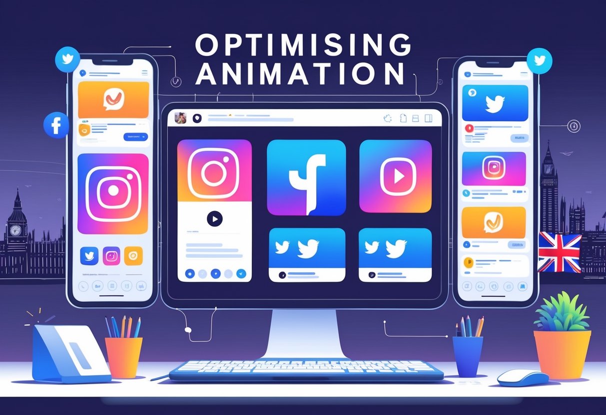 A digital workspace showing multiple screens with animated content for UK social media platforms, with a London skyline silhouette in the background.