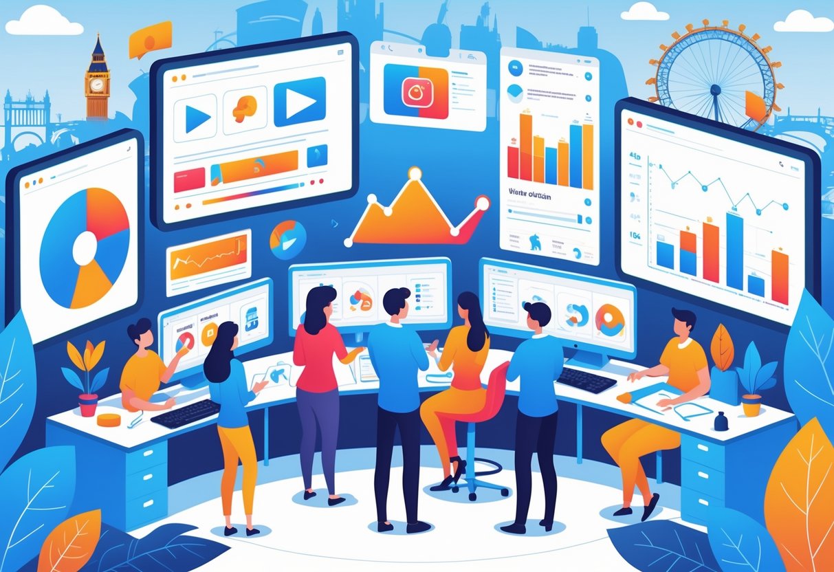 A team of people working together around computers and screens showing animated social media content in a modern office with UK landmarks visible in the background.