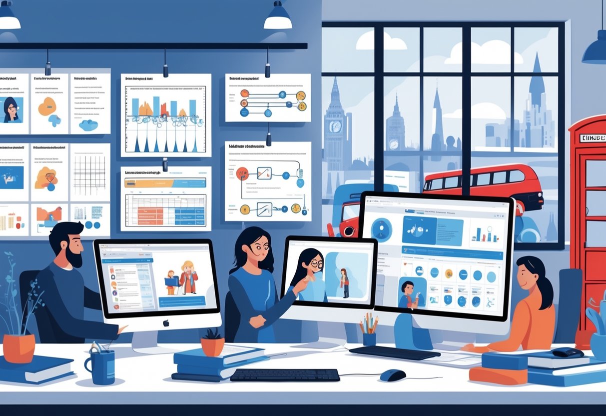 A creative studio showing animation professionals working on storyboards, digital designs, and flowcharts illustrating the steps of producing social media animations for marketing in the UK.