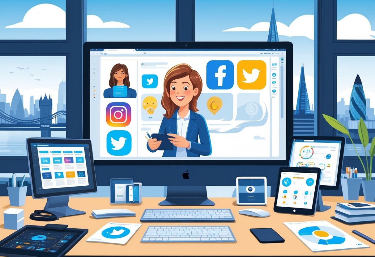 A creative workspace with digital devices showing animated characters and social media icons, with a view of London landmarks in the background.