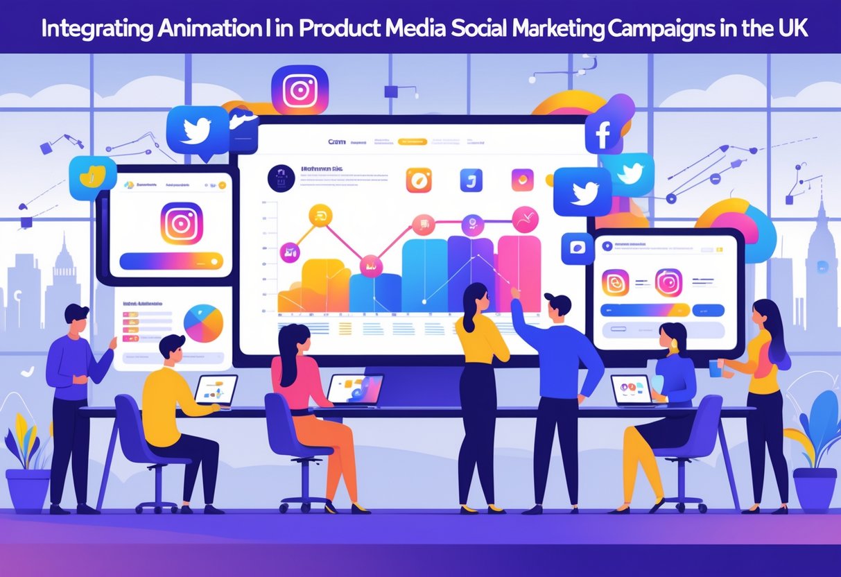 A team of marketing professionals working together around a large digital screen showing animated social media graphics with a city skyline in the background.