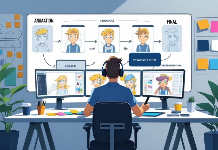An animator working at a desk with multiple screens showing different stages of an animated character, surrounded by notes and tools in a creative studio.