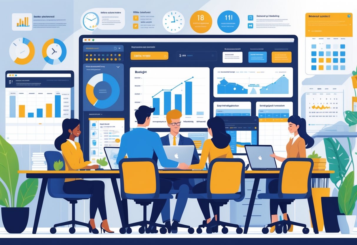 A team of professionals working together in an office with laptops and screens showing charts, schedules, and animation storyboards.
