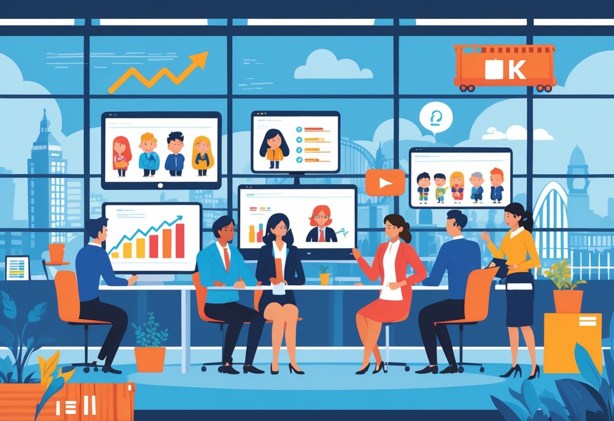 A group of business professionals working together in an office with digital screens showing animated characters and charts, with a city skyline featuring UK landmarks in the background.