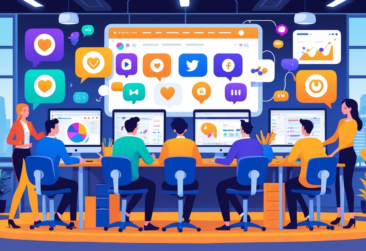 A busy office with creative professionals working together on animated social media content, with UK-themed elements in the background.