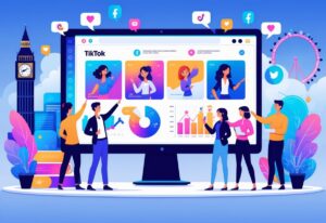 A group of marketing professionals working together around a computer showing animated TikTok content with UK landmarks in the background.