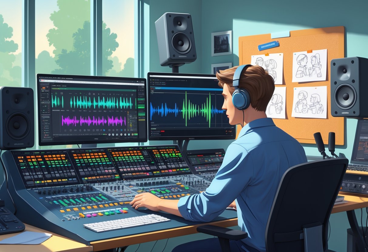 An audio engineer working in a sound studio adjusting a mixing console with animation frames and waveforms visible on a computer screen.