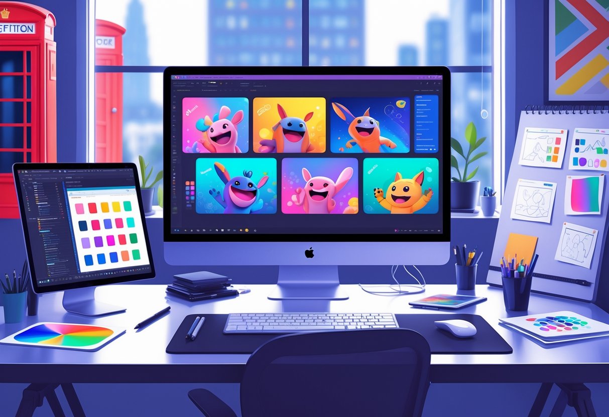 A creative workspace showing a computer with animation frames, digital tools, and UK landmarks visible through a window.